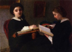 Two Young Women, Embroidering and Reading