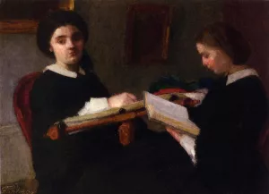 Two Young Women, Embroidering and Reading by Henri Fantin-Latour Oil Painting