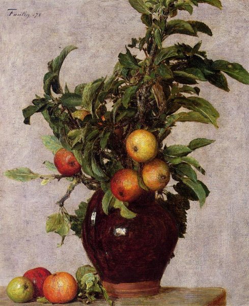 Main Product Photo of Vase with Apples and Foliage Painting by Henri Fantin-Latour