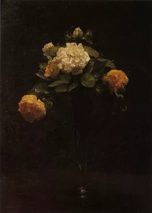 White and Yellow Roses in a Tall Vase by Henri Fantin-Latour Oil Painting