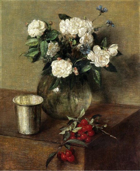 White Roses and Cherries by Henri Fantin-Latour - Hand-Painted Oil Painting Reproduction
