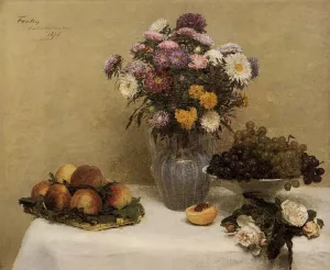 White Roses, Chrysanthemums in a Vase, Peaches and Grapes on a Table with a White Tablecloth by Henri Fantin-Latour - Oil Painting Reproduction