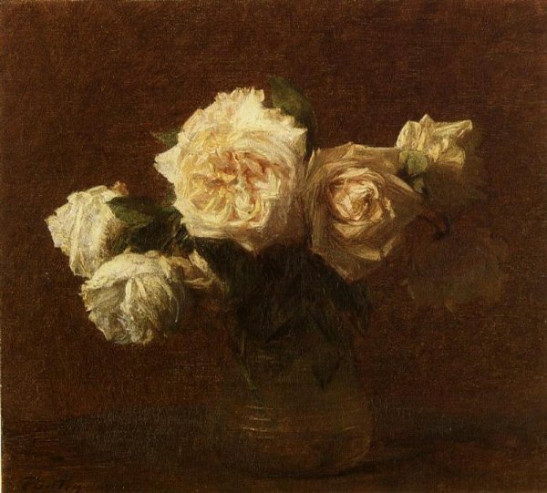 Yellow Pink Roses in a Glass Vase by Henri Fantin-Latour - Hand-Painted Oil Painting Reproduction