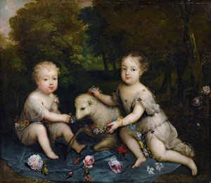 Portrait of Two Children With a Lamb by Henri Gascar Oil Painting