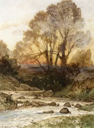 A Rocky Landscape with a Torrent of Water by Henri Harpignies Oil Painting