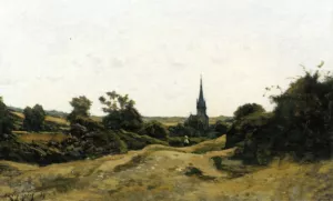Eglise de St Prive,Yonne Oil painting by Henri Harpignies