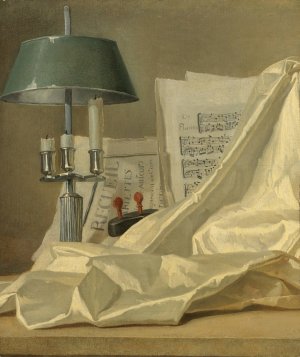 A Still Life With A Bouillette Lamp, A Sheet Of Music, A Violin Or A Cittern, And A White Satin Cloth On A Stone Ledge by Henri-Horace Roland Delaporte Oil Painting