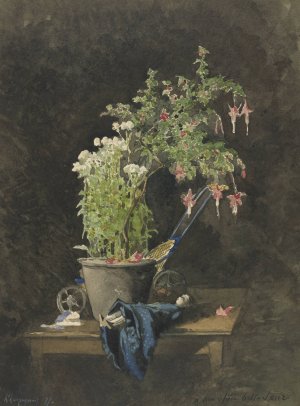 A Potted Fuchsia with Children's Toys by Henri-Joseph Harpignies Oil Painting