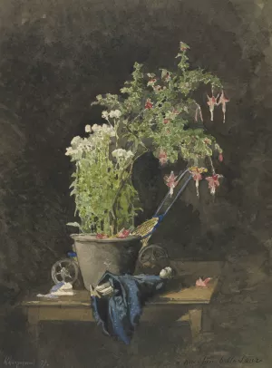 A Potted Fuchsia with Children's Toys Oil painting by Henri-Joseph Harpignies