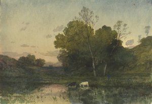 Evening Light on a Wooded Lakeside with Cattle Drinking by Henri-Joseph Harpignies Oil Painting