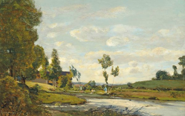 Lavandieres Au Bord De La Riviere  by Henri-Joseph Harpignies - Hand-Painted Oil Painting Reproduction