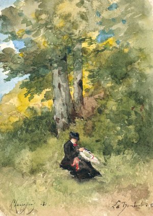 Marguerite cousant dans un paysage arbore by Henri-Joseph Harpignies Oil Painting