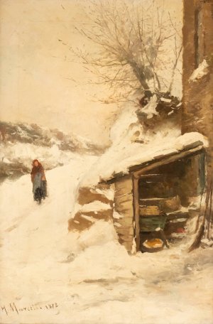 Peasant woman in snowy landscape by Henri Joseph Marcette Oil Painting