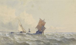 Gezicht op volle zee, waarop drie zeilschepen by Henri Le Hon Oil Painting
