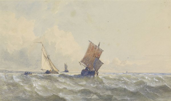 Gezicht op volle zee, waarop drie zeilschepen  by Henri Le Hon - Hand-Painted Oil Painting Reproduction