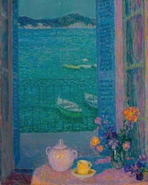 Le Bouquet a La Fenetre, Villefranche-Sur-Mer by Henri Le Sidaner Oil Painting