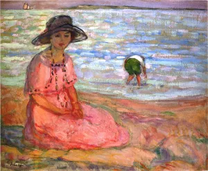 A Girl in a Pink Robe by the Sea by Henri Lebasque - Oil Painting Reproduction