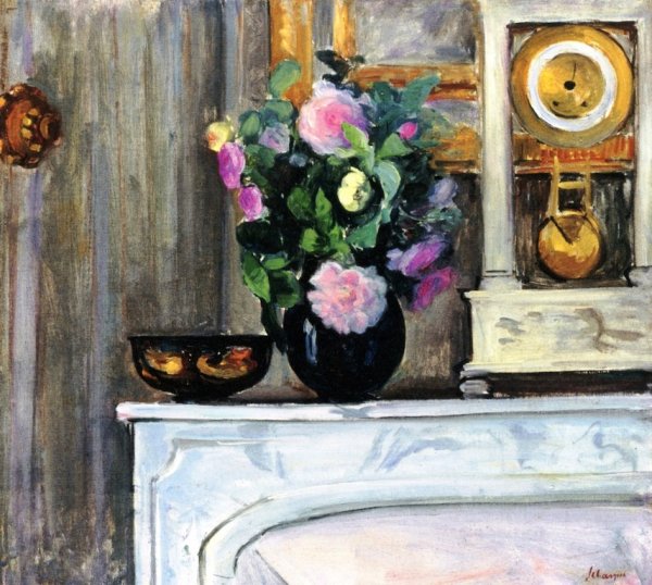 Bouquet of Flowers on a Mantlepiece by Henri Lebasque - Hand-Painted Oil Painting Reproduction
