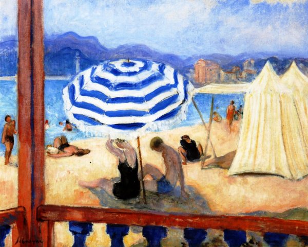Main Product Photo of Cannes, Blue Parasol and Tents Painting by Henri Lebasque