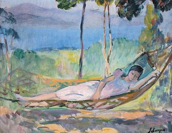 Main Product Photo of Girl in a Hammock in Cannes Painting by Henri Lebasque