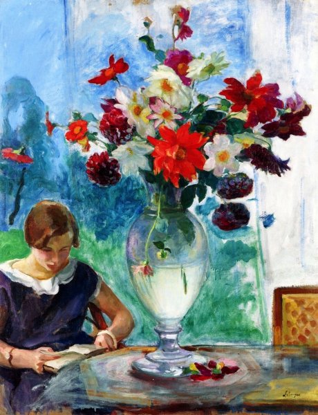 Main Product Photo of Girl Reading and Vase of Flowers Painting by Henri Lebasque