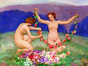 Girls with a Garland of Flowers by Henri Lebasque Oil Painting
