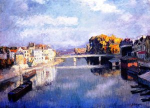 Lagny, the Bridge and Laundry Boats on the Marne by Henri Lebasque Oil Painting