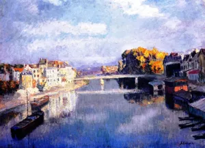Lagny, the Bridge and Laundry Boats on the Marne Oil painting by Henri Lebasque