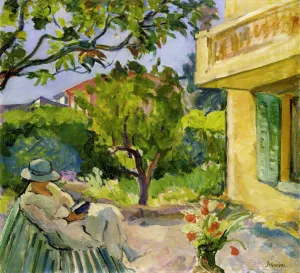 Le Cannet, Madame Lebasque Reading in the Garden by Henri Lebasque - Oil Painting Reproduction