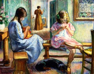 Marthe and Nono Sewing by Henri Lebasque Oil Painting