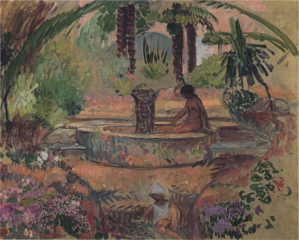 Marthe and Pierre at a Fountain in Saint Maxime by Henri Lebasque - Hand-Painted Oil Painting Reproduction
