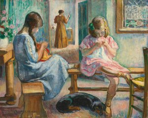 Marthe Et Nono Cousant Dans Un Interieur by Henri Lebasque Oil Painting