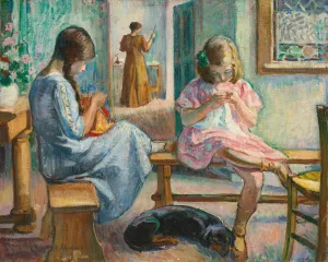 Marthe Et Nono Cousant Dans Un Interieur Oil painting by Henri Lebasque