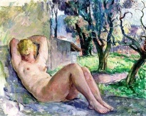 Nude Seated in a Garden by Henri Lebasque Oil Painting