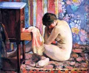 Nude with a Pink Chemise by Henri Lebasque Oil Painting