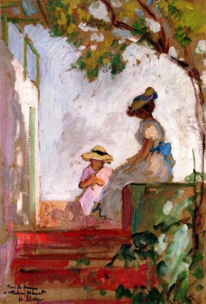 Saint Maxime, Madame Lebasque and Her Daughter on the Terrace by Henri Lebasque Oil Painting