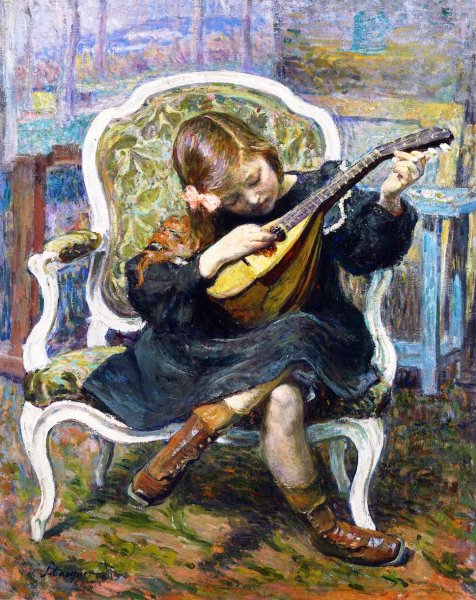 The Little Mandolin Player Marthe Lebasque by Henri Lebasque - Hand-Painted Oil Painting Reproduction