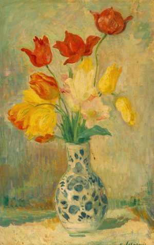Tulips in a Delftware vase by Henri Lebasque Oil Painting