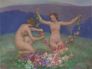 Two Young Girls with Garlands Oil painting by Henri Lebasque