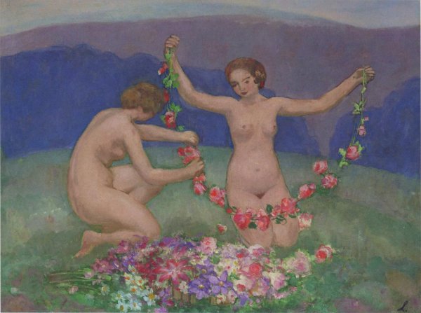 Main Product Photo of Two Young Girls with Garlands Painting by Henri Lebasque