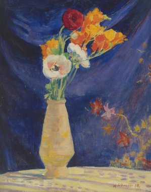 Vase D'anemones Sur Fond Bleu by Henri Lebasque Oil Painting