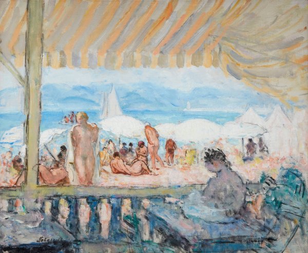 Main Product Photo of Veranda sur la Plage de Cannes  Painting by Henri Lebasque