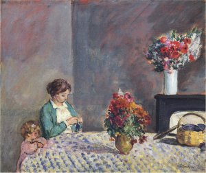 Woman and Child Seated at a Table by Henri Lebasque Oil Painting