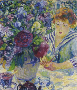 Woman with a Vase of Flowers by Henri Lebasque Oil Painting
