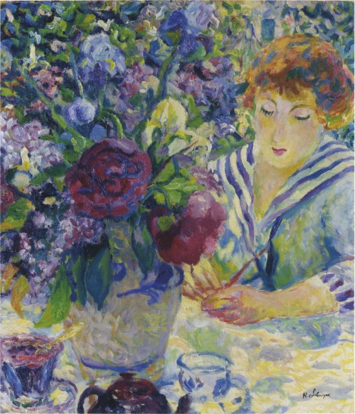 Main Product Photo of Woman with a Vase of Flowers Painting by Henri Lebasque