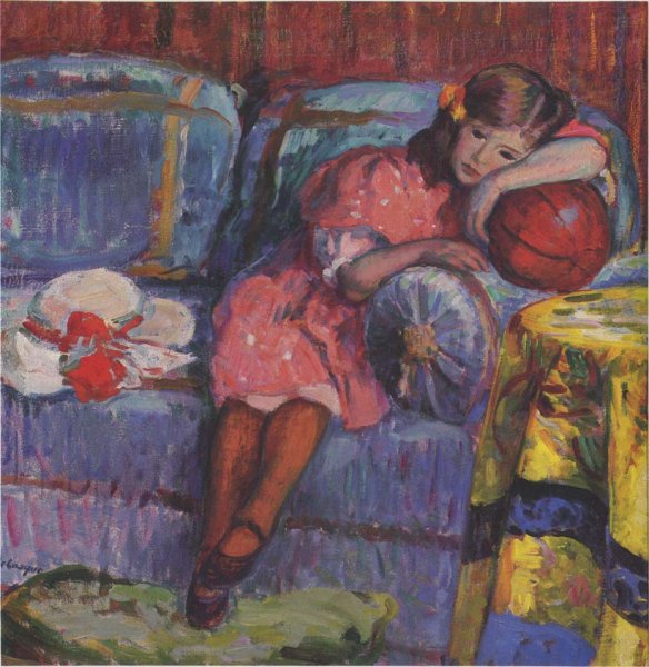 Young Girl and the Red Balloon by Henri Lebasque - Hand-Painted Oil Painting Reproduction