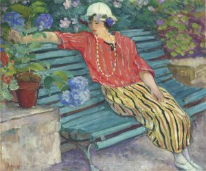 Young Woman Seated with Hydrangeas