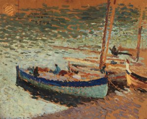 Bouquet de bleuets - Barques au port by Henri Martin Oil Painting