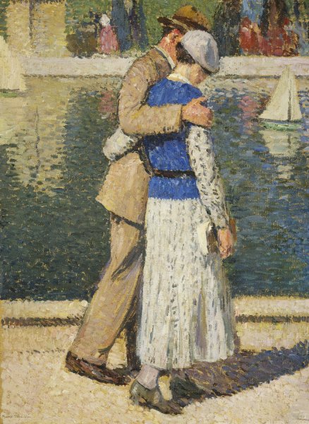 un couple marchant le long du bassin du Luxembourg  by Henri Martin - Hand-Painted Oil Painting Reproduction
