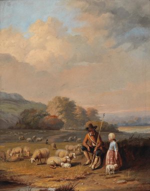 A Shepherd and Child by Henri Pratere Oil Painting